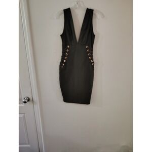 Iris Olive Green Bodycon Dress Deep V-Neck Lace Up Side Gold Zipper Womens Large